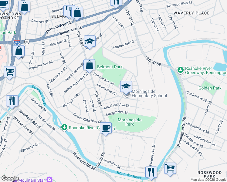 map of restaurants, bars, coffee shops, grocery stores, and more near 1121 Penmar Avenue Southeast in Roanoke