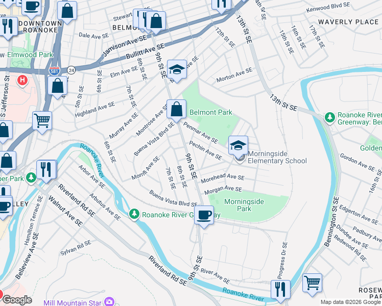 map of restaurants, bars, coffee shops, grocery stores, and more near 815 Morrill Avenue Southeast in Roanoke