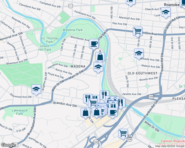 map of restaurants, bars, coffee shops, grocery stores, and more near 835 Kerns Avenue Southwest in Roanoke