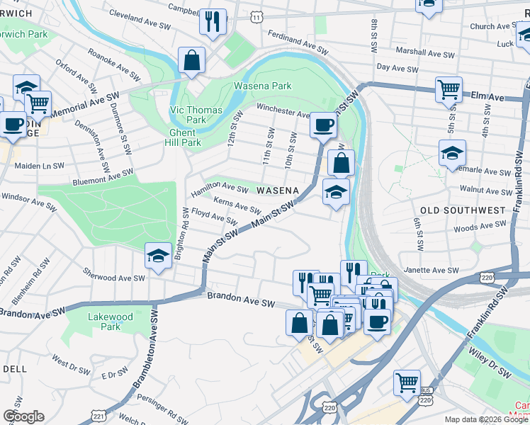 map of restaurants, bars, coffee shops, grocery stores, and more near 1113 Kerns Avenue Southwest in Roanoke