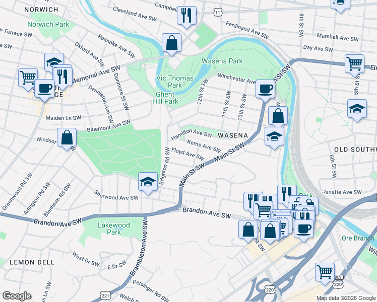 map of restaurants, bars, coffee shops, grocery stores, and more near 1217 Floyd Avenue Southwest in Roanoke