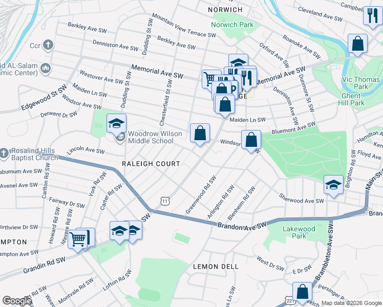 map of restaurants, bars, coffee shops, grocery stores, and more near 1700-1798 Brunswick Street Southwest in Roanoke