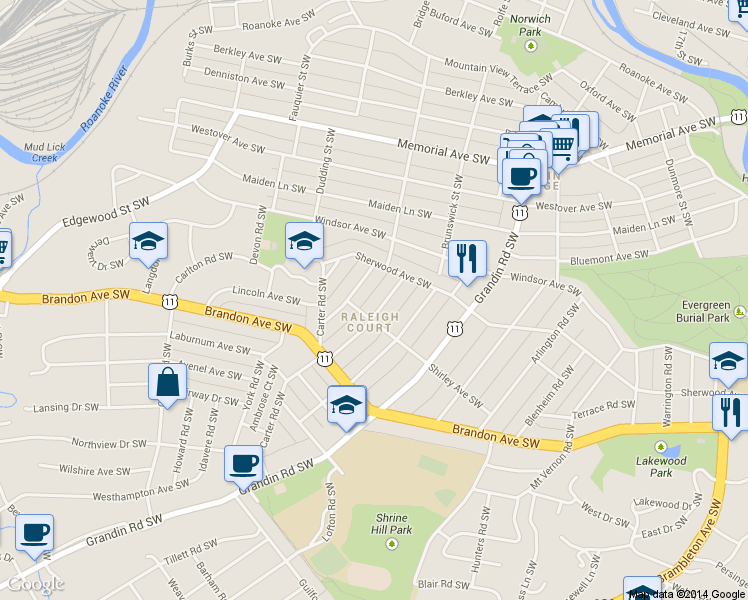 map of restaurants, bars, coffee shops, grocery stores, and more near 1849 Avon Road Southwest in Roanoke