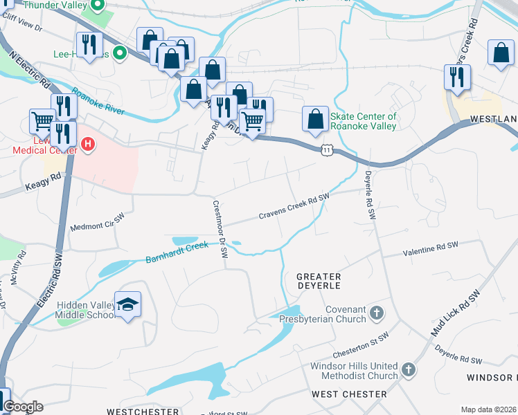 map of restaurants, bars, coffee shops, grocery stores, and more near 4207 Cravens Creek Road Southwest in Roanoke