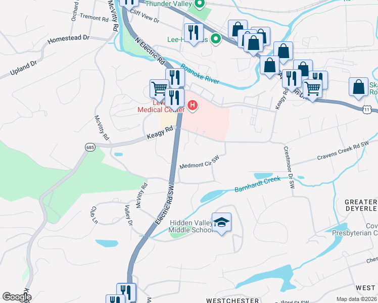 map of restaurants, bars, coffee shops, grocery stores, and more near 3830 Keagy Road Southwest in Roanoke