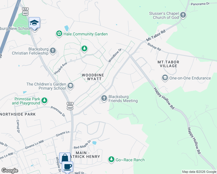 map of restaurants, bars, coffee shops, grocery stores, and more near 2002 Lombardi Drive in Blacksburg