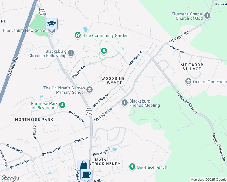 map of restaurants, bars, coffee shops, grocery stores, and more near 210 Woodbine Drive in Blacksburg