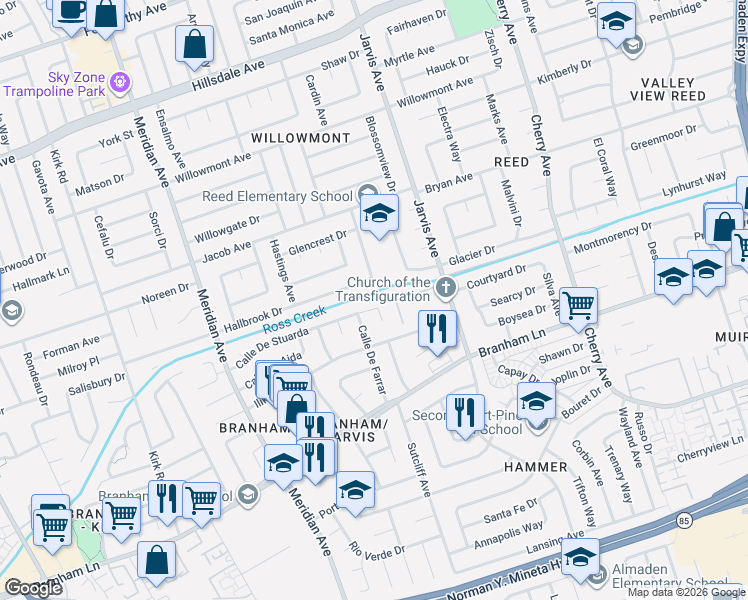 map of restaurants, bars, coffee shops, grocery stores, and more near 1527 Calle De Stuarda in San Jose