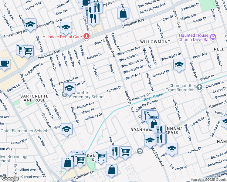map of restaurants, bars, coffee shops, grocery stores, and more near 4005 Oella Court in San Jose