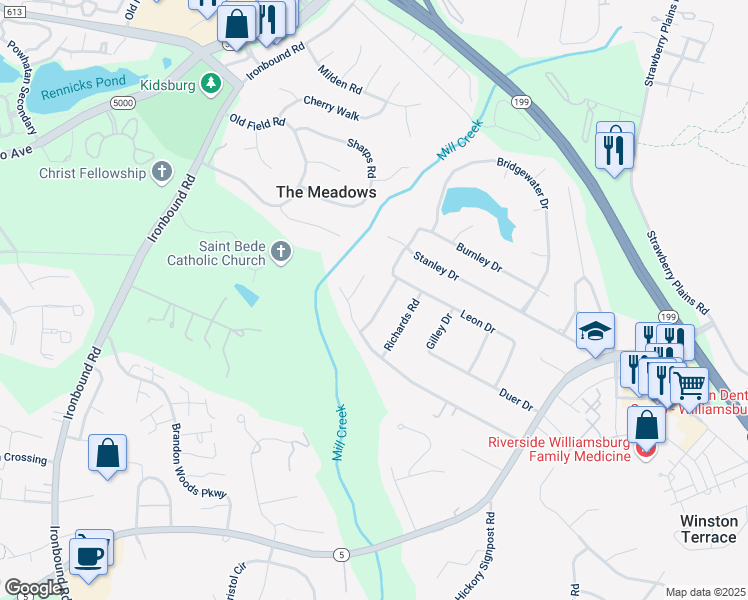 map of restaurants, bars, coffee shops, grocery stores, and more near 111 Deer Spring Road in Williamsburg