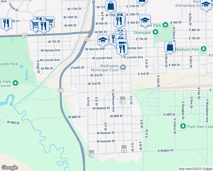map of restaurants, bars, coffee shops, grocery stores, and more near 200-250 West 2nd Street in Wellington