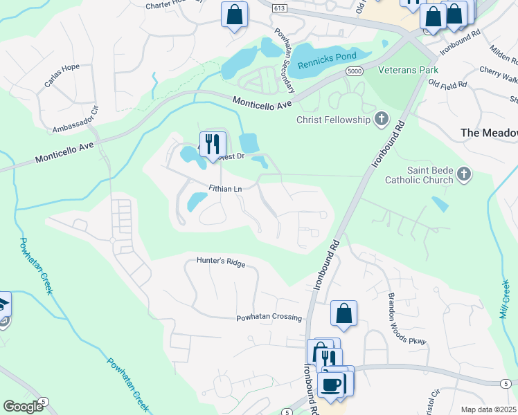 map of restaurants, bars, coffee shops, grocery stores, and more near 30 Cedar Creek Lane in Williamsburg