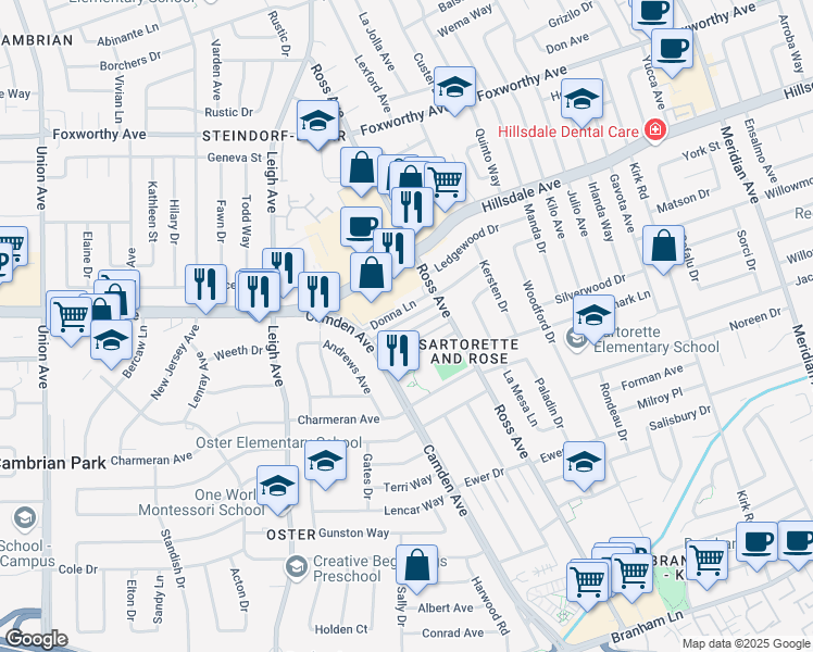 map of restaurants, bars, coffee shops, grocery stores, and more near 1799 Bradford Way in San Jose