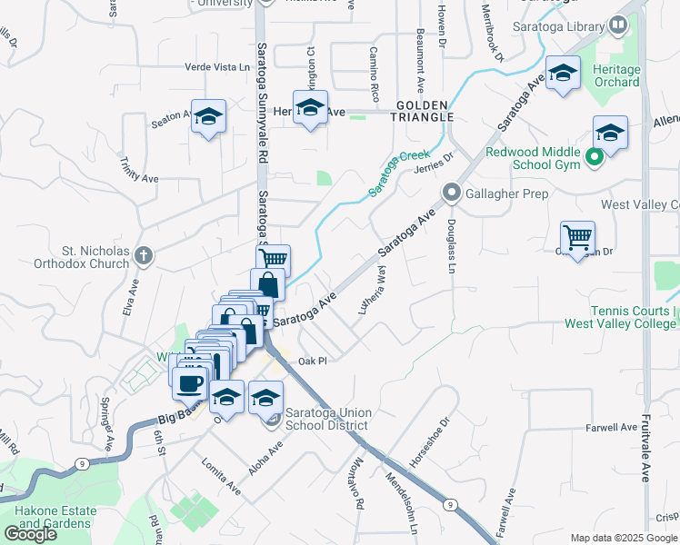 map of restaurants, bars, coffee shops, grocery stores, and more near 14253 Worden Way in Saratoga