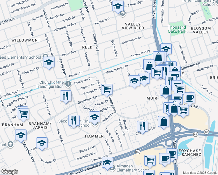 map of restaurants, bars, coffee shops, grocery stores, and more near 1334 Kipling Court in San Jose