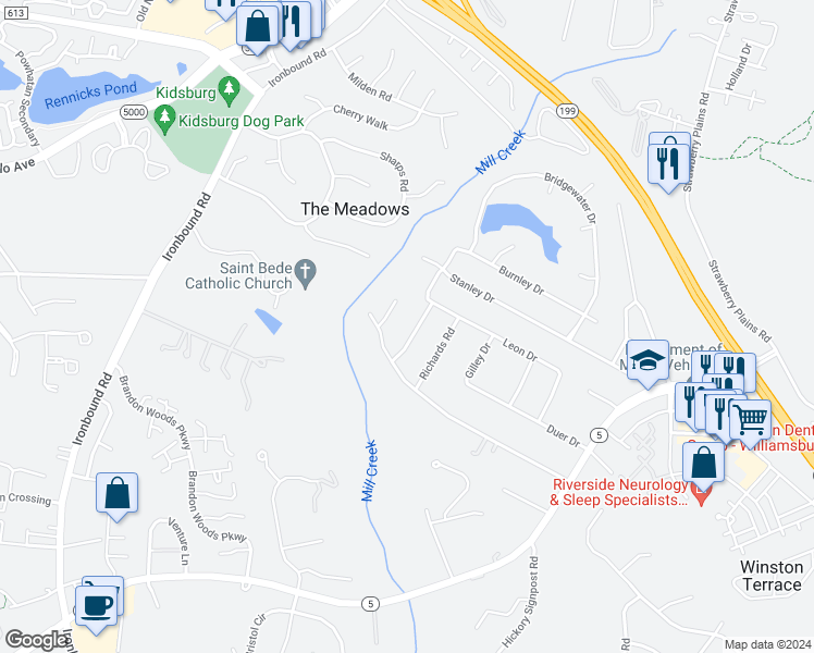 map of restaurants, bars, coffee shops, grocery stores, and more near 111 Deer Spring Road in Williamsburg