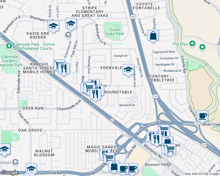 map of restaurants, bars, coffee shops, grocery stores, and more near 144 Azucar Avenue in San Jose