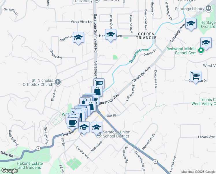 map of restaurants, bars, coffee shops, grocery stores, and more near 14230 Saratoga Sunnyvale Road in Saratoga