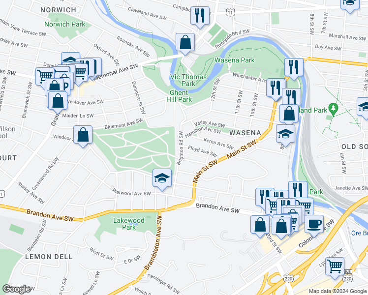 map of restaurants, bars, coffee shops, grocery stores, and more near 1252 Floyd Avenue Southwest in Roanoke