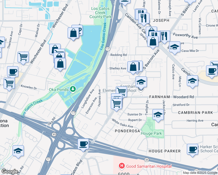map of restaurants, bars, coffee shops, grocery stores, and more near 1838 White Oaks Court in Campbell