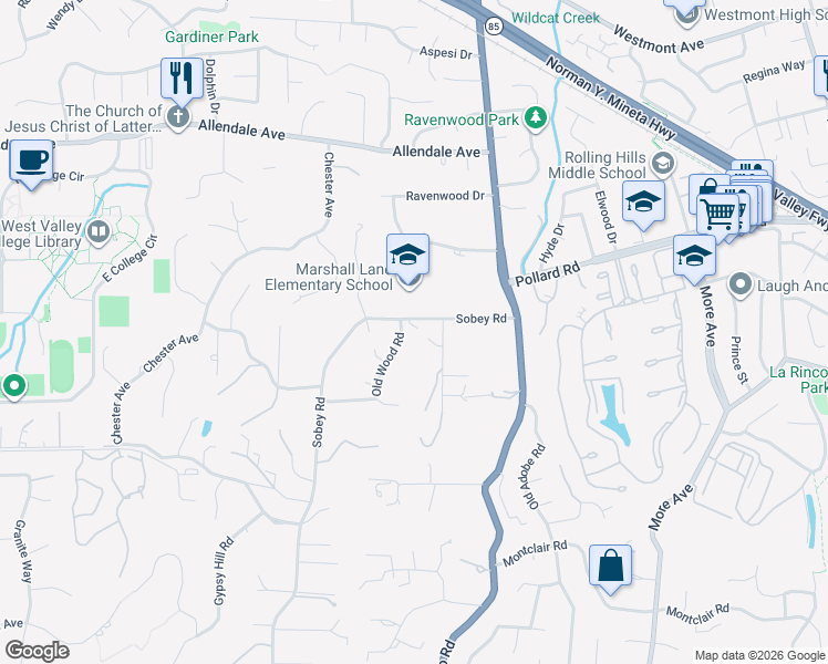 map of restaurants, bars, coffee shops, grocery stores, and more near 18584 Sobey Road in Saratoga