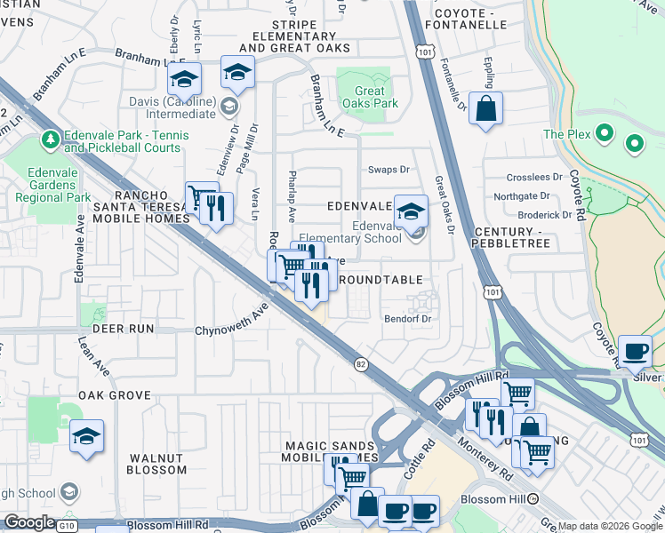 map of restaurants, bars, coffee shops, grocery stores, and more near 118 Azucar Avenue in San Jose