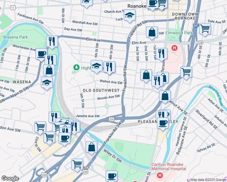 map of restaurants, bars, coffee shops, grocery stores, and more near 368 Allison Avenue Southwest in Roanoke