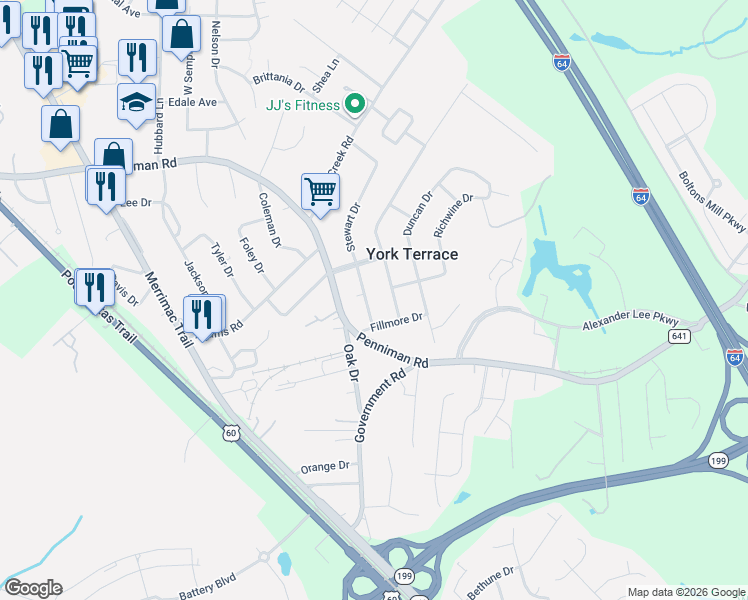 map of restaurants, bars, coffee shops, grocery stores, and more near 1205 Stewart Drive in Williamsburg
