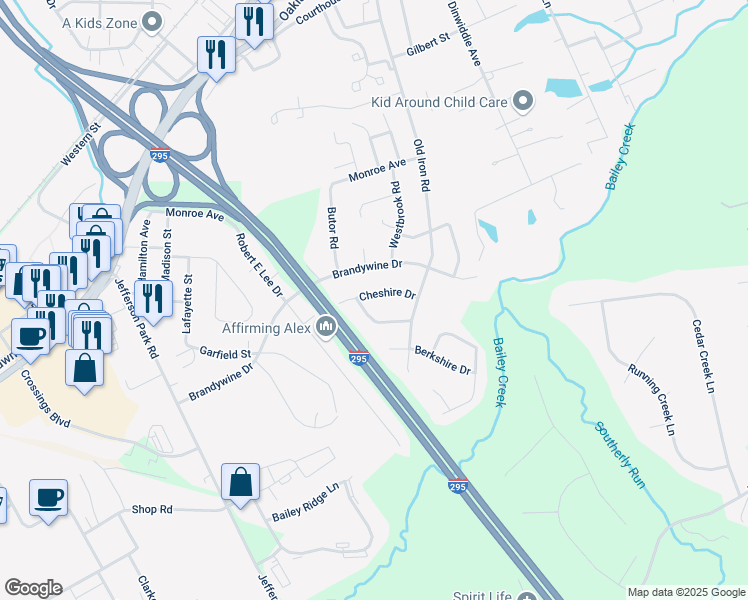 map of restaurants, bars, coffee shops, grocery stores, and more near 5107 Cheshire Drive in Hopewell