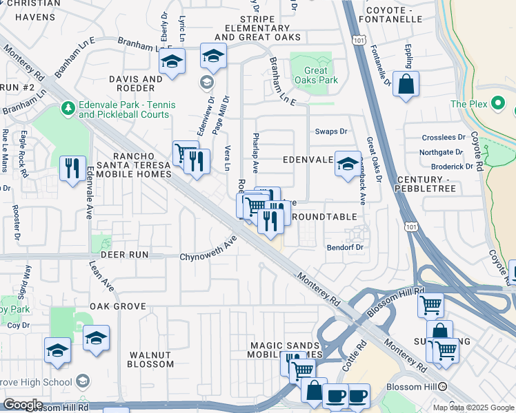 map of restaurants, bars, coffee shops, grocery stores, and more near 74 Azucar Avenue in San Jose