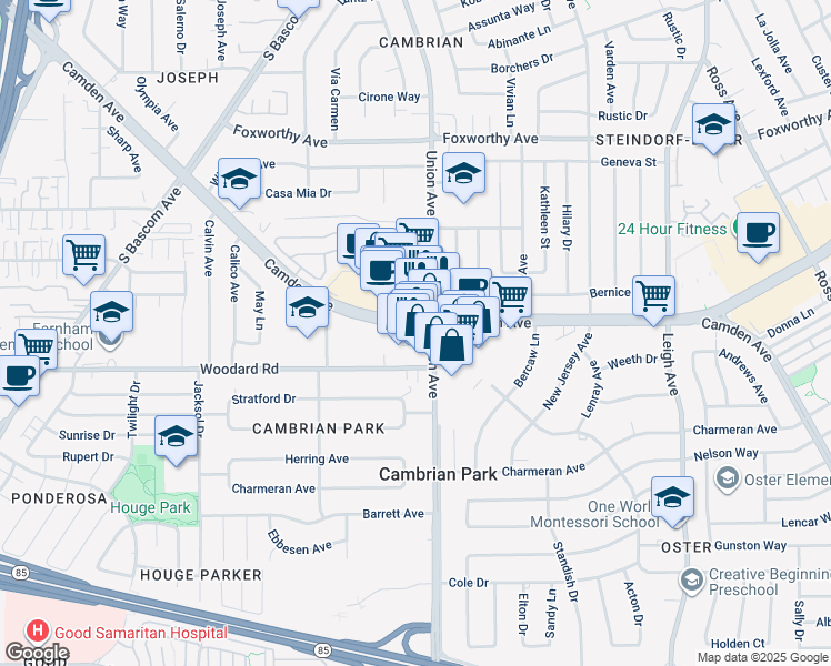 map of restaurants, bars, coffee shops, grocery stores, and more near 2020 Camden Avenue in San Jose