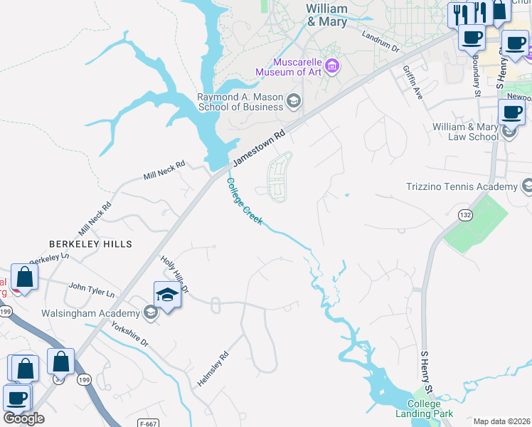 map of restaurants, bars, coffee shops, grocery stores, and more near 206 Rolfe Road in Williamsburg