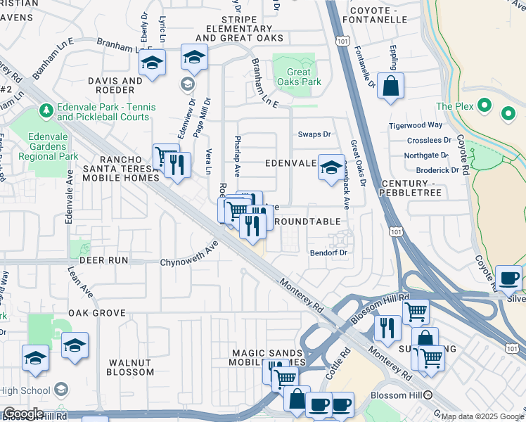 map of restaurants, bars, coffee shops, grocery stores, and more near 104 Azucar Avenue in San Jose