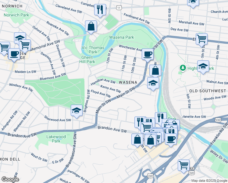 map of restaurants, bars, coffee shops, grocery stores, and more near 1130 Kerns Avenue Southwest in Roanoke