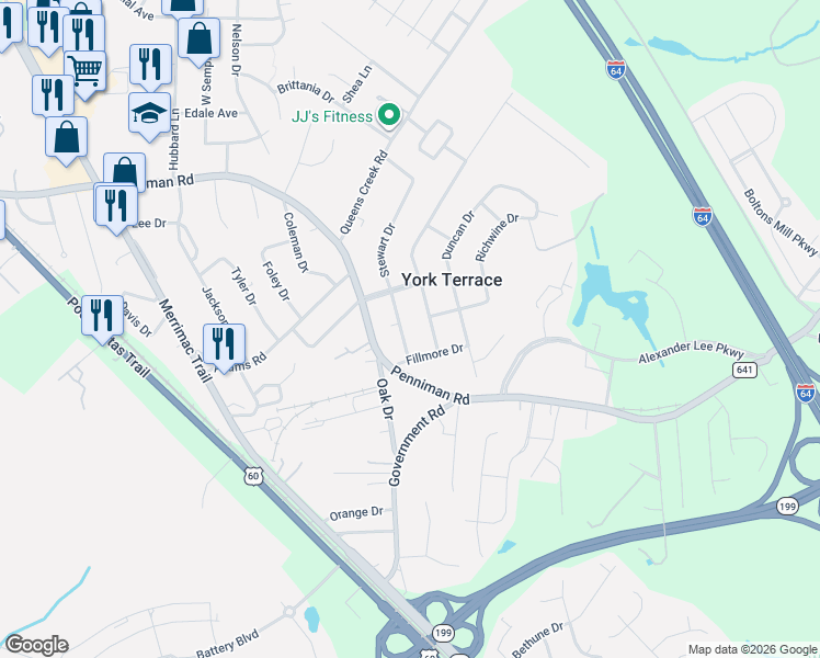 map of restaurants, bars, coffee shops, grocery stores, and more near 1205 Stewart Drive in Williamsburg
