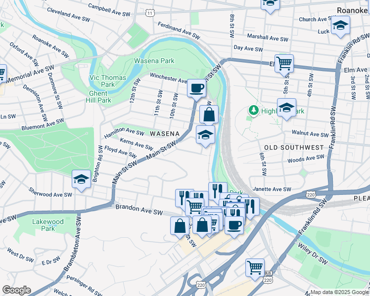 map of restaurants, bars, coffee shops, grocery stores, and more near 847 Kerns Avenue Southwest in Roanoke