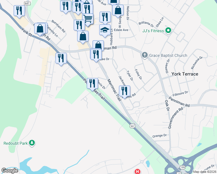 map of restaurants, bars, coffee shops, grocery stores, and more near 127 Davis Drive in Williamsburg