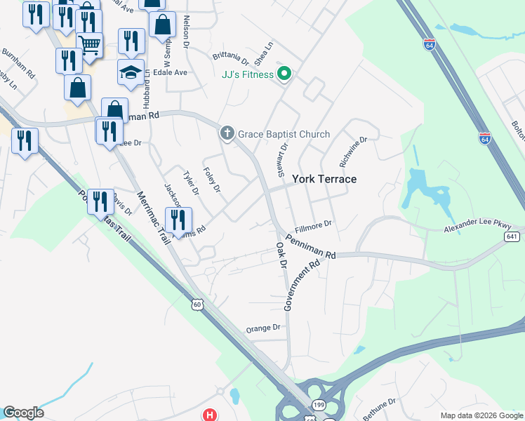map of restaurants, bars, coffee shops, grocery stores, and more near 1203 Penniman Road in Williamsburg