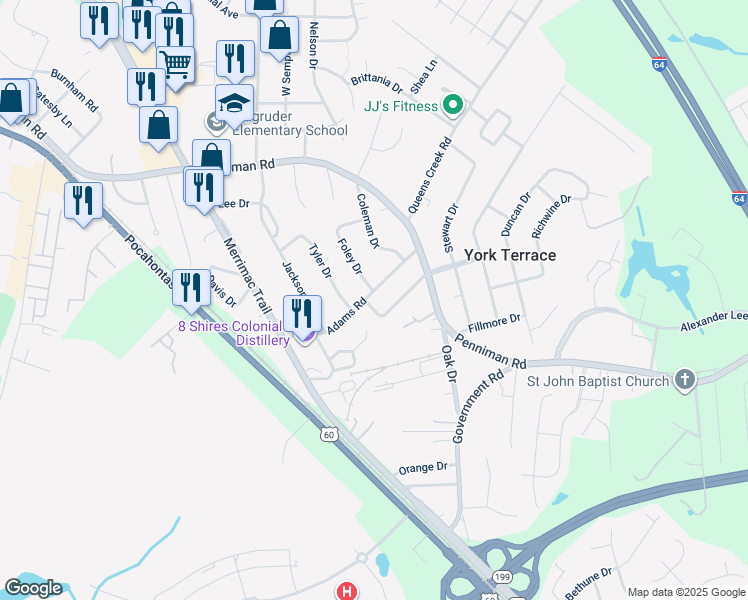 map of restaurants, bars, coffee shops, grocery stores, and more near 716 Madison Road in Williamsburg