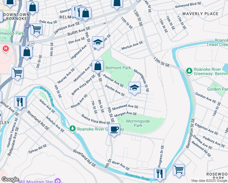map of restaurants, bars, coffee shops, grocery stores, and more near 1029 Pechin Avenue Southeast in Roanoke