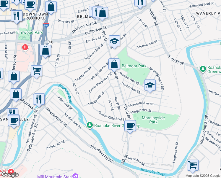 map of restaurants, bars, coffee shops, grocery stores, and more near 715 Morrill Avenue Southeast in Roanoke