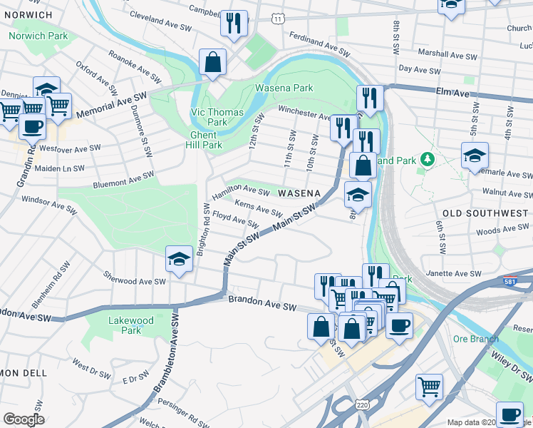 map of restaurants, bars, coffee shops, grocery stores, and more near 1130 Kerns Avenue Southwest in Roanoke