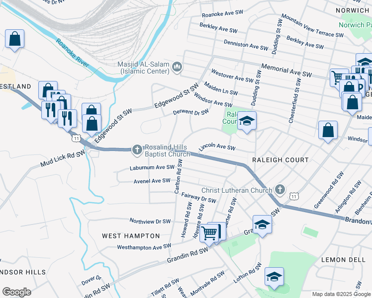 map of restaurants, bars, coffee shops, grocery stores, and more near 1932 Carlton Road Southwest in Roanoke