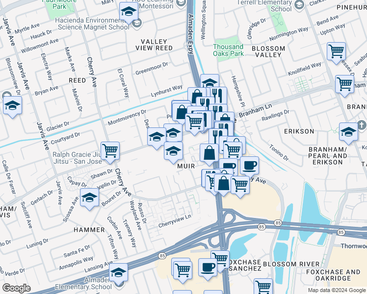 map of restaurants, bars, coffee shops, grocery stores, and more near 1188 Branham Lane in San Jose