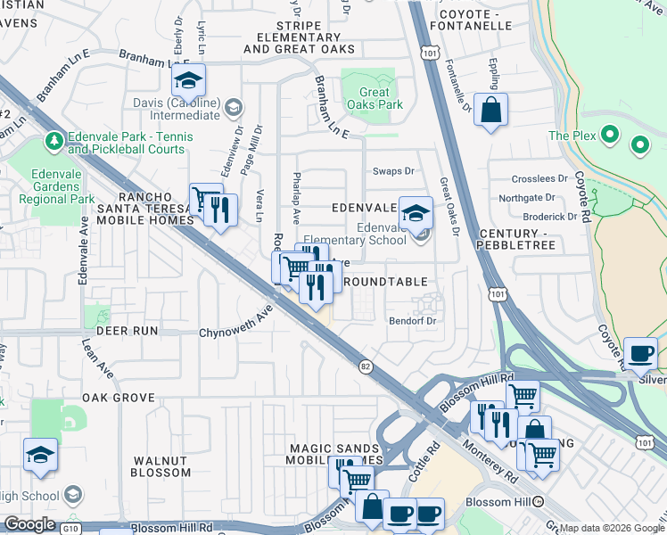 map of restaurants, bars, coffee shops, grocery stores, and more near 118 Azucar Avenue in San Jose
