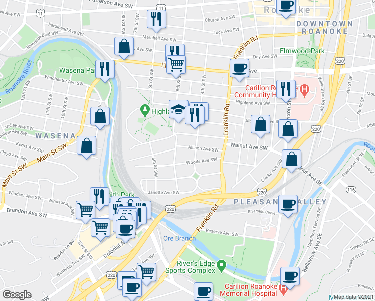 map of restaurants, bars, coffee shops, grocery stores, and more near 412 Allison Avenue Southwest in Roanoke