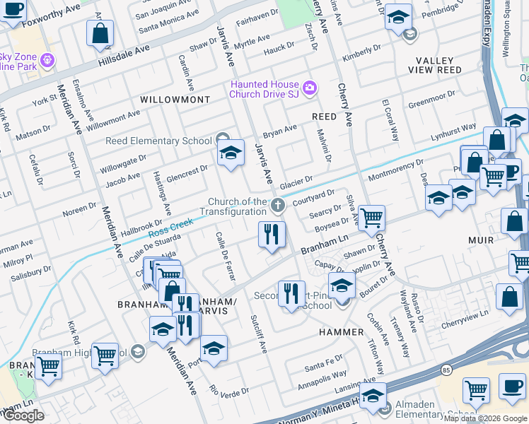 map of restaurants, bars, coffee shops, grocery stores, and more near in San Jose