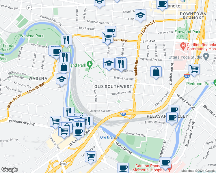 map of restaurants, bars, coffee shops, grocery stores, and more near 513 Allison Avenue Southwest in Roanoke