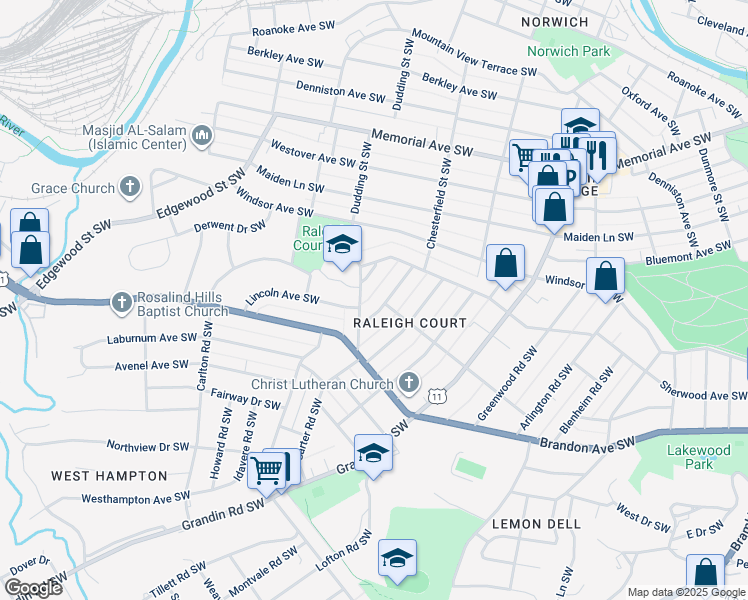 map of restaurants, bars, coffee shops, grocery stores, and more near 1831 Carter Road Southwest in Roanoke