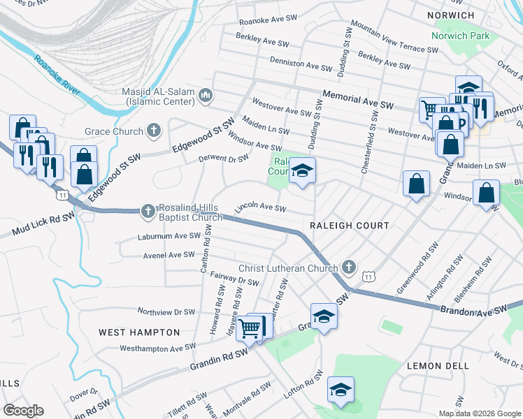 map of restaurants, bars, coffee shops, grocery stores, and more near 2316 Lincoln Avenue Southwest in Roanoke